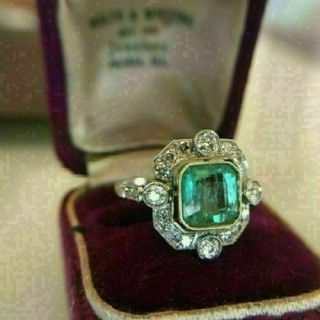 Art Deco 5.  00ct Green Emerald Antique Vintage 925 Silver Engagement Wedding Ring