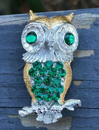 Vintage Owl Pin Brooch Green Rhinestones Gold & Silver Tone Metal