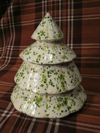 Retro White & Green Splatter Christmas Tree Candy Cookie Jar Ceramic 8 " Vintage
