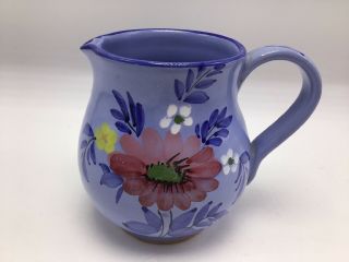 Italy Creamer Pitcher Hand Painted Blue Floral Ceramic Pottery 4.  5 " Vintage