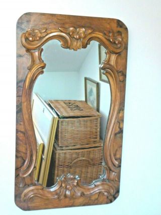Antique Victorian Walnut Framed Mirror With Leaf & Rococo Carving 70cm X 39cm
