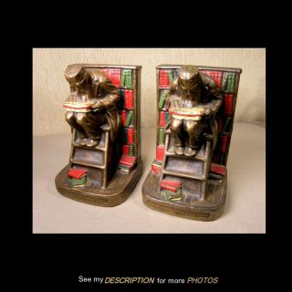 Antique Pair Marion Bronze Clad Bookends Scholar Reading On Library Steps
