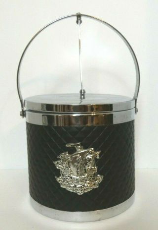 Vintage Ice Bucket Hinged Bale Lid Black Faux Leather Diamond Tuck Silver Mcm