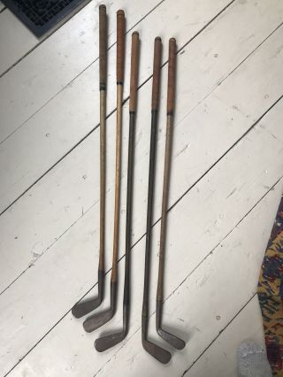 5 Antique Hickory Shaft Smooth Face Golf Clubs Club Irons T Stewart Etc