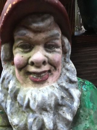 Antique So Creepy Cement Garden Gnome Painted Red Cap Teeth Seated Statue