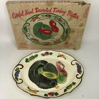 Vintage Nasco Embossed Ceramic Thanksgiving Turkey Platter 18” Hand Painted