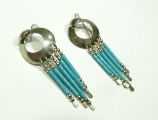 Vintage Turquoise Native American Fringe Earrings Sterling Silver 925