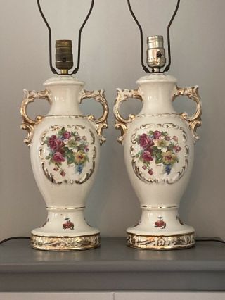 Antique Set Of 2 Hand Painted Porcelain Table Lamps Signed Florals Gilt 24 " Exc