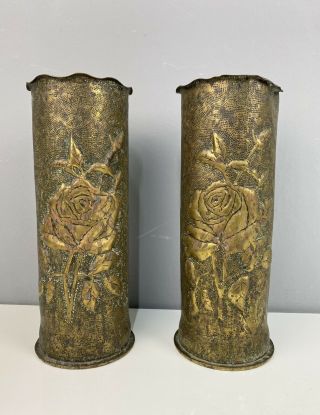 Pair Antique Ww1 Decorated Trench Art Brass Artillery Shell Case 1917 Vase Db04