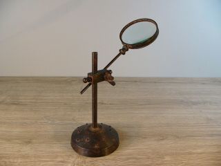 Antique Victorian Adjustable Magnifying Glass On Iron Stand