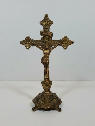 Vintage Jesus Christ On The Cross Metal Statue Crucifix On Stand