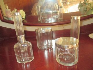 Set Of 5 Antique Sterling Silver Crystal Glass Dressing Table Containers 1930
