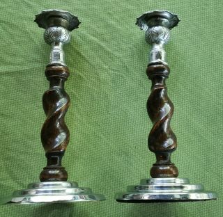 Pair Antique English Barley Twist Candlesticks Wood,  Brass