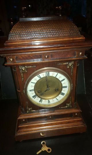 Antique Late 19th Century Hac Carved Mahogany Cased Mantel Clock Full