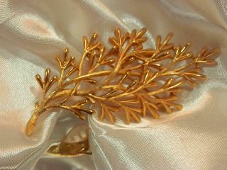 Large Signed Crown Trifari Brushed Gold Tone Leaf Brooch Vintage 1960 