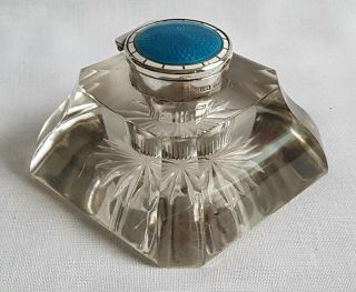 Antique Sterling Silver Blue Guilloche Enamel & Cut Glass Inkwell Levi & Salaman