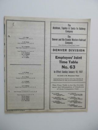 1937 Santa Fe And Denver Rio Grande Western Joint Employee Timetable No 63 Atsf