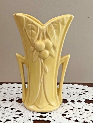 Vintage McCoy USA Matte Yellow Berry & Leaves Handled Flower Vase 3