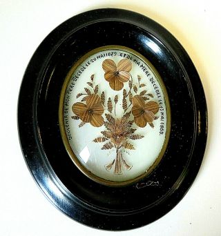 Antique French Mourning Pansy Flowers Hair Picture In Wooden Oval Frame.