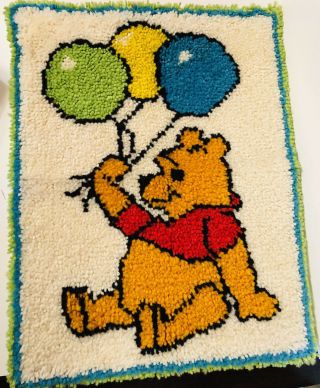 Vtg Winnie The Pooh Latch Hook Rug Canvas Completed Handmade 26x19