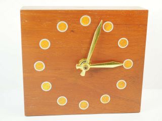Vintage Mantel Collectible Battery Desk Clock Wood Brass Hands Inlay Silver Ring