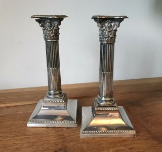 Pair Antique Silver Plated Corinthian Column Candlesticks