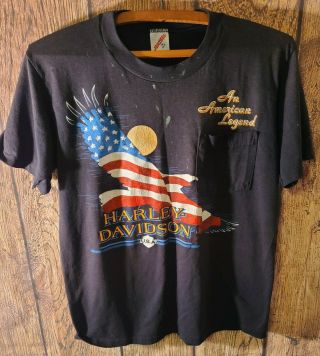 Vintage 80s Mens Harley Davidson T - Shirt Sz M Flag Eagle Ithaca Ny