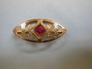 Antique Estate Art Nouveau Deco 14k Gold Ruby & Seed Pearl Brooch Pin