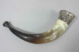 Fine Antique Hunting Horn Ornate Silver Mount Stag Fox Horse Riding Whip Crop
