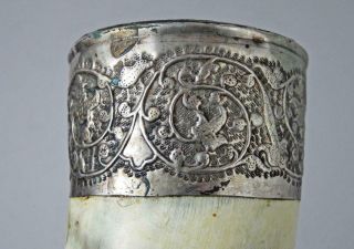 FINE ANTIQUE HUNTING HORN ORNATE SILVER MOUNT stag fox horse riding whip crop 2