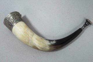 FINE ANTIQUE HUNTING HORN ORNATE SILVER MOUNT stag fox horse riding whip crop 3