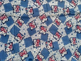 Vintage Red Blue White Floral Cotton Fabric 35 " X 144 " C