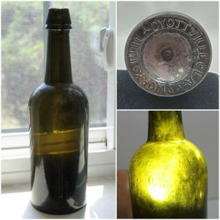Antique Dyottville Glass Iron Pontiled Whiskey Bottle 2 Part Mold - Green