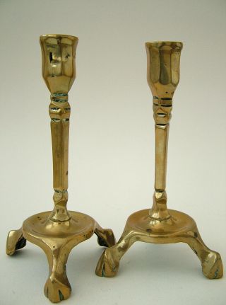 Antique,  Gothic Brass,  Very Unusual,  6 5/8 " Tall,  Tripod Candlesticks.