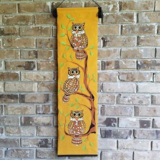 Vintage Velvet 3 Owl Tapestry Wall Hanging Painted Scroll