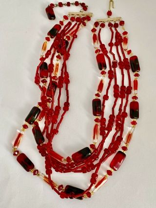 Vintage 6 Strand Red / Clear Art Glass Beads Necklace West Germany