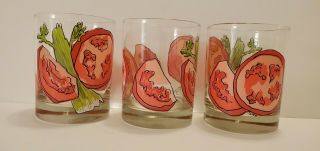 Set Of 3 Tomato Celery Bloody Mary Vintage Glasses Cups Signed By Artist Elaine