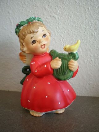 Vintage Lefton Label Christmas Angel Playing Harp With Bird Figurine 1259 Red