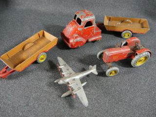 A Selection Of Vintage Dinky Toy Plane Massey Harris Tractor Trailers Truck