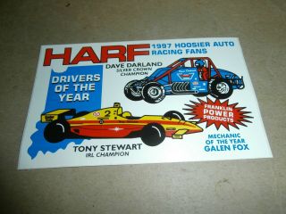Vintage 1997 Harf Hoosier Auto Racing Fans Decal Irl Tony Stewart Dave Darland