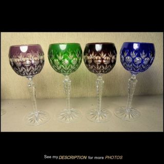 4 Antique Bohemian Cut To Clear Crystal Wine Glasses Cut Stems 7 - 3/4 " H