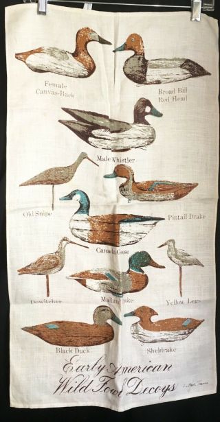 Vintage Tea Towel Duck Decoys Luther Travis 29” Cream Linen Brown & Green Ducks
