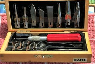 Vintage X - Acto Craft Wood Carving Kit In Wood Dovetail Box