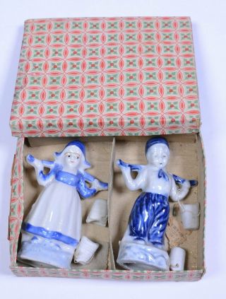 2 Vintage Blue Porcelain Dutch Boy & Girl Blue/white With Hanging Buckets W/ Box