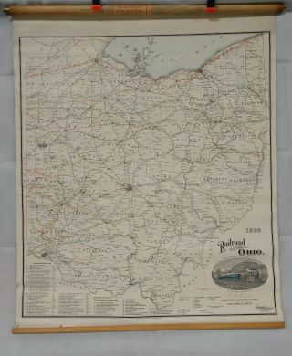 1899 Railroad Map Of Ohio Linen Back Pull Down Color Litho Wall Map 35 X 30