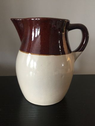 Vintage Crock Stoneware Pitcher Small Creamer Pottery Brown Ivory Two Tone Quart