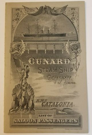 Sj068: September 20,  1887 Cunard Steam Ship " Rms Catalonia " Saloon Passenger List