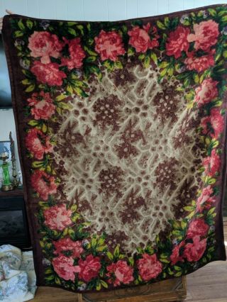 Gorgeous Antique Heavy Horse Hair Carriage Lap Blanket Red Pink Roses Flowers