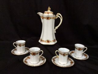 Antique Nippon Hand Painted Gilt Chocolate Pot Set Floral With 4 Cups/4 Saucers