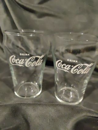 Set Of 2 Small Vintage Style Clear Curved Glass Coca - Cola Glass Glasses 4.  5 "